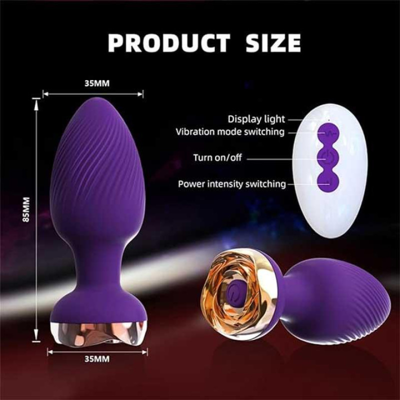 Силиконовая анальная пробка Rose с вибрацией и Д/У 3,5*9 см Фиолетовая