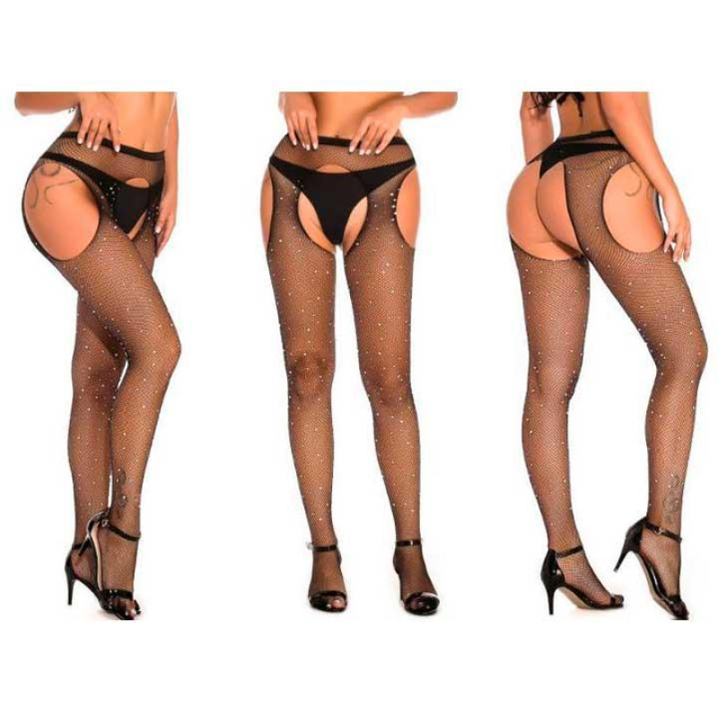 Колготки Very Sexy Shine с открытым доступом и стразами - Чёрный - XS/S/M