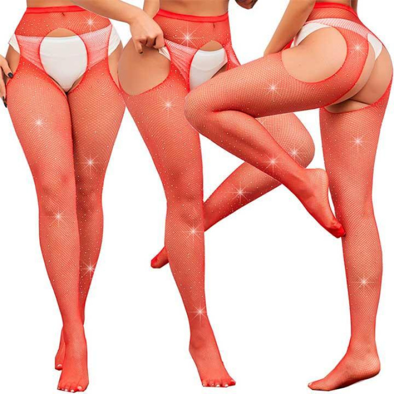 Колготки Very Sexy Shine з відкритим доступом і стразами – Червоні – XS/S/M