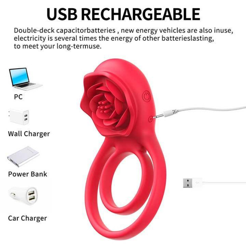 Двойное эрекционное кольцо Hgod Rose с вибрацией USB, Красное