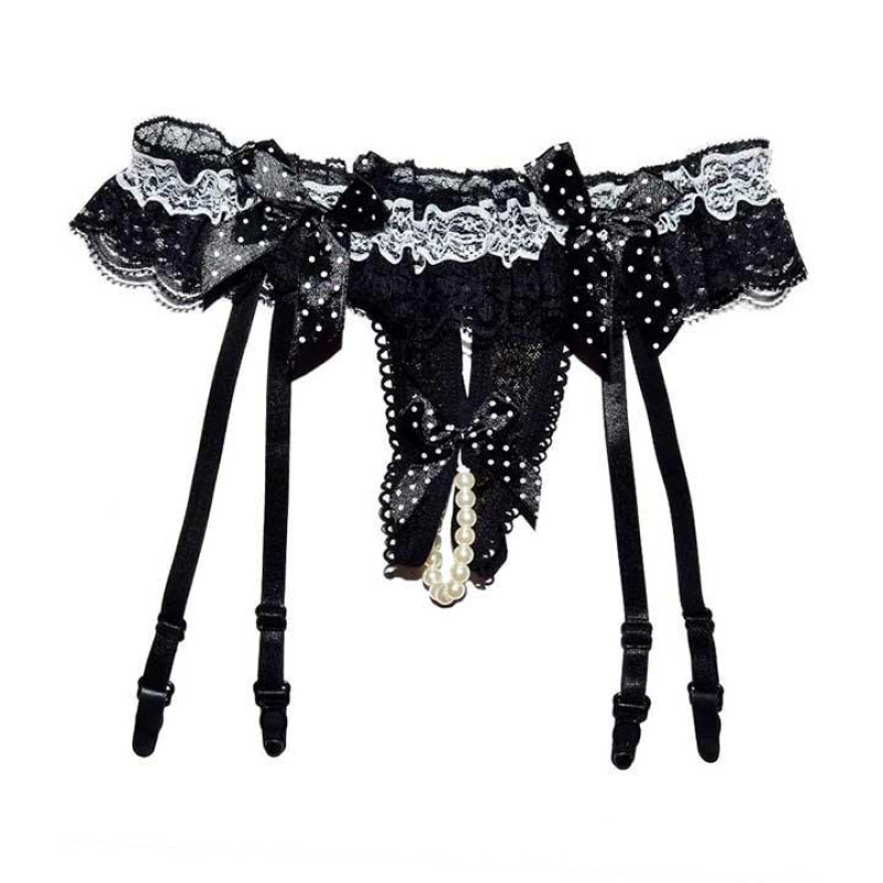 Стринги с бусинами и поясом для чулок XS/S/M