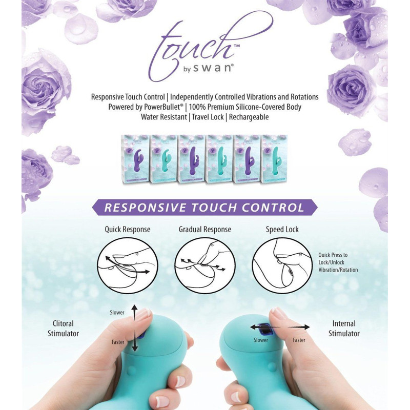 Вибратор-кролик SWAN Touch Duo Teal с сенсорным управлением, ротацией и глубокой вибрацией