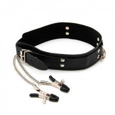 БДСМ нашийник із затискачами для сосків - Чорний - Садо-мазо