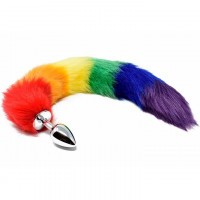 Анальная пробка с лисьим хвостиком Радужный из нержавеющей стали