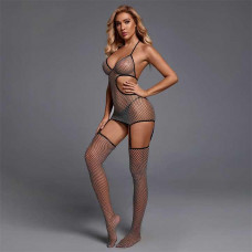 Комплект: Короткий прозорий пеньюар із підв'язками для панчіх і панчохами — S/M/L — Еротична білизна