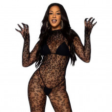 Комбінезон-боді безшовний леопардовий з мережива з довгими рукавами з відкритою спиною XS/S/M Чорний