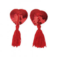 Наклейки для сосков Hearts с пайетками и кисточками - Красный – Эротическое бельё