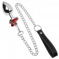 Металева анальна пробка з повідцем - Червоний - 4*9,4 см - Анальні іграшки