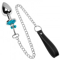 Металева анальна пробка з повідцем - Бірюзовий - 4*9,4 см - Анальні іграшки