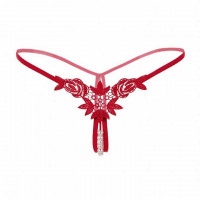 Стрінги з намистинками та квітами - Червоний - S/M - Еротична білизна