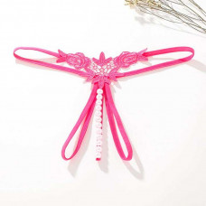 Стрінги з намистинками та квітами - Фуксія - S/M - Еротична білизна