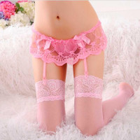 Кружевные стринги с поясом для чулок - Розовый - XS/S/M – Эротическое бельё