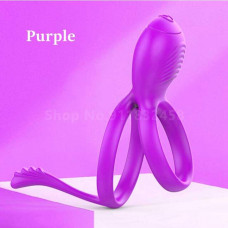 Подвійне ерекційне кільце з хвостиком та вібростимуляцією, Фіолетове — Keks-Hub