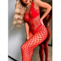 Сексуальный бодистокинг в сетку с открытым доступом - Красный - XS/S/M – Эротическое бельё