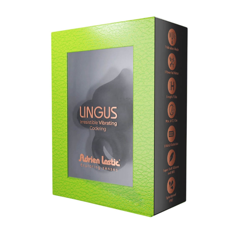 Ерекційне віброкільце Adrien Lastic Lingus Black з язичком та щіточкою, крупним планом