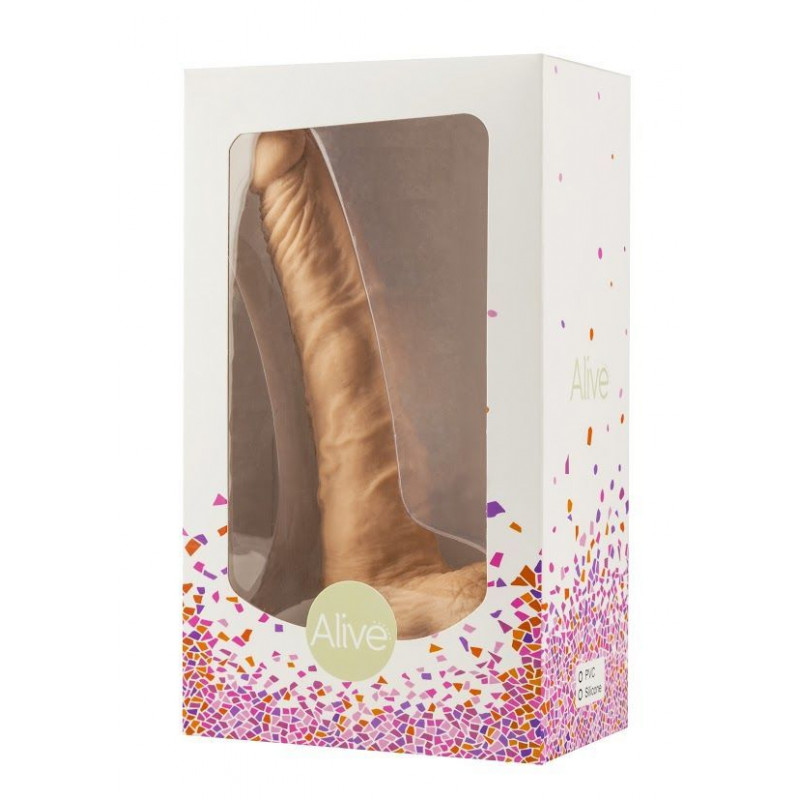 Фалоімітатор Alive Long John з присоскою: вигляд збоку, упаковка, матеріал ПВХ