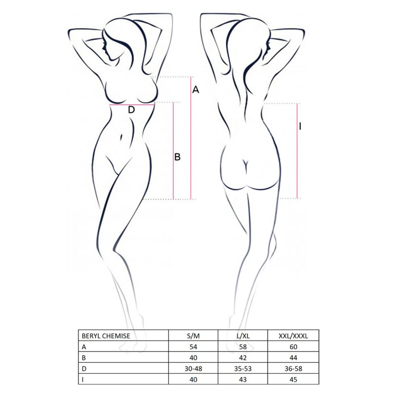 Елегантна упаковка комплекту Passion BERYL CHEMISE L/XL: чорна напівпрозора сорочка бебі-дол з трусиками та стрічкою під груди