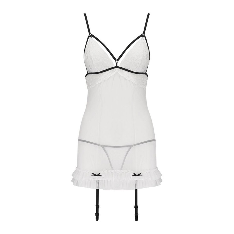 Комплект Passion ORIHIME CHEMISE S/M (white): текстура прозорої тканини та деталі стрепів