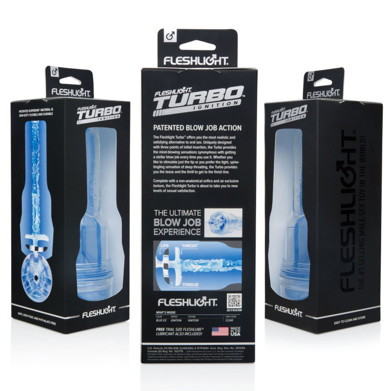 Fleshlight Turbo Ignition Blue Ice: упаковка товару, стильний дизайн, інформація про бренд