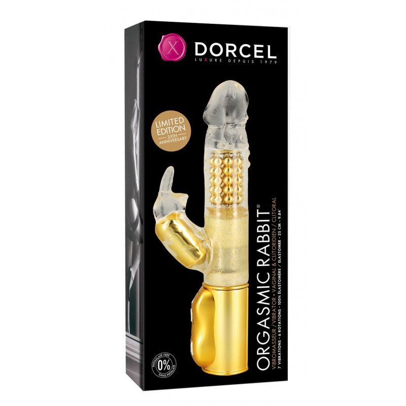 Вібратор-кролик Dorcel Orgasmic Rabbit Gold, вид збоку, що демонструє його вигнуту форму та перлинну текстуру