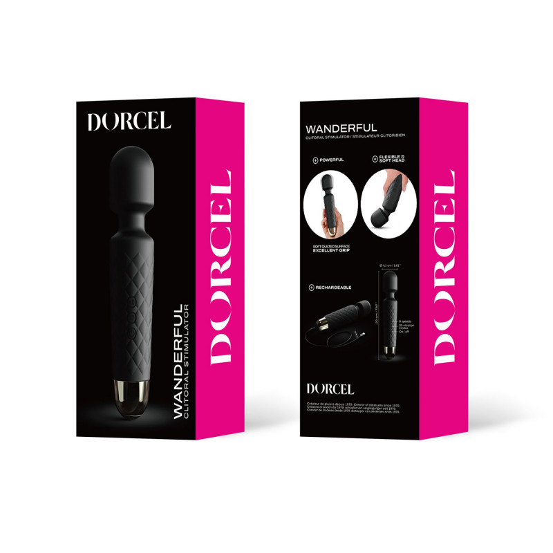 Детальний вигляд мінівібромасажера Dorcel Wand Wanderful Black: кнопка управління, індикатори режимів, потужний мотор.