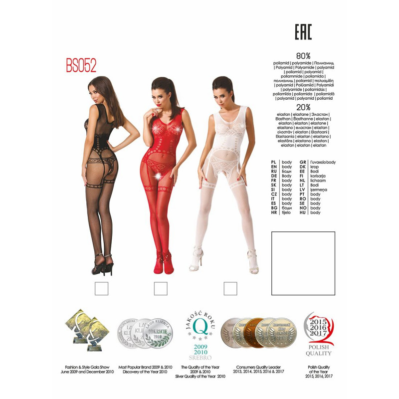 Червоний бодістокінг Passion BS052 - загальний вигляд комбінезона, що імітує корсет, з панчохами та трусиками