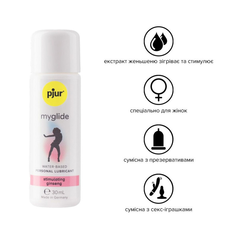 Pjur myglide 30 мл: збуджувальна змазка на водній основі, детальний вигляд флакона з етикеткою, що вказує на ефект тепла та поколювання, з женьшенем