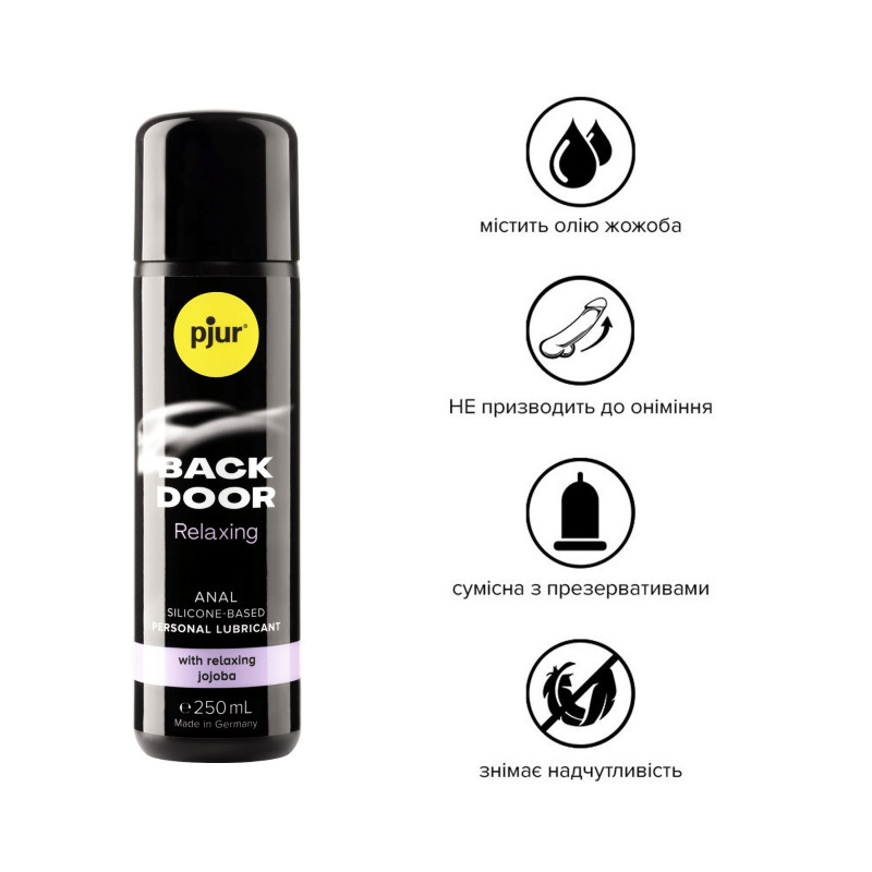 Анальна змазка Pjur BACK DOOR Relaxing 250 мл, вид збоку флакона, деталі упаковки