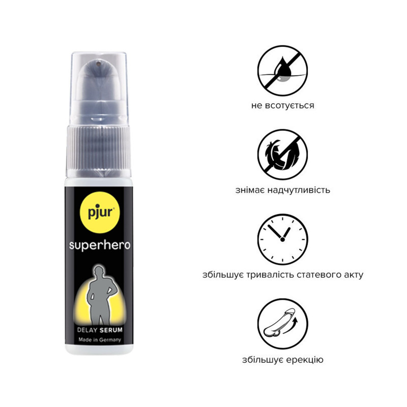 Сироватка-пролонгатор pjur Superhero Delay Serum 20 мл, вид збоку з аплікатором