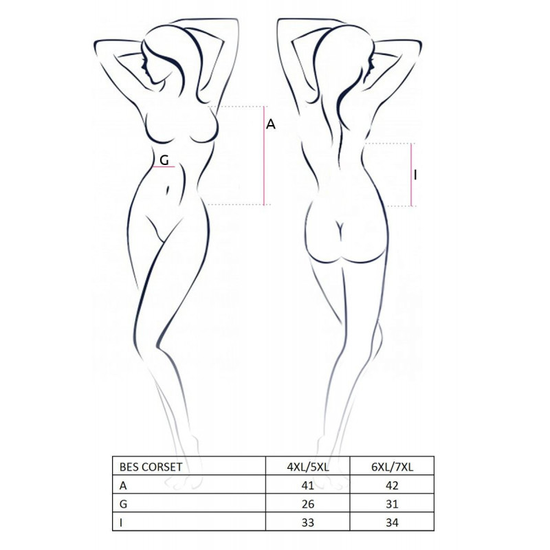 Упаковка латексного корсету Passion BES CORSET 6XL/7XL чорного кольору, демонструє текстуру матеріалу.