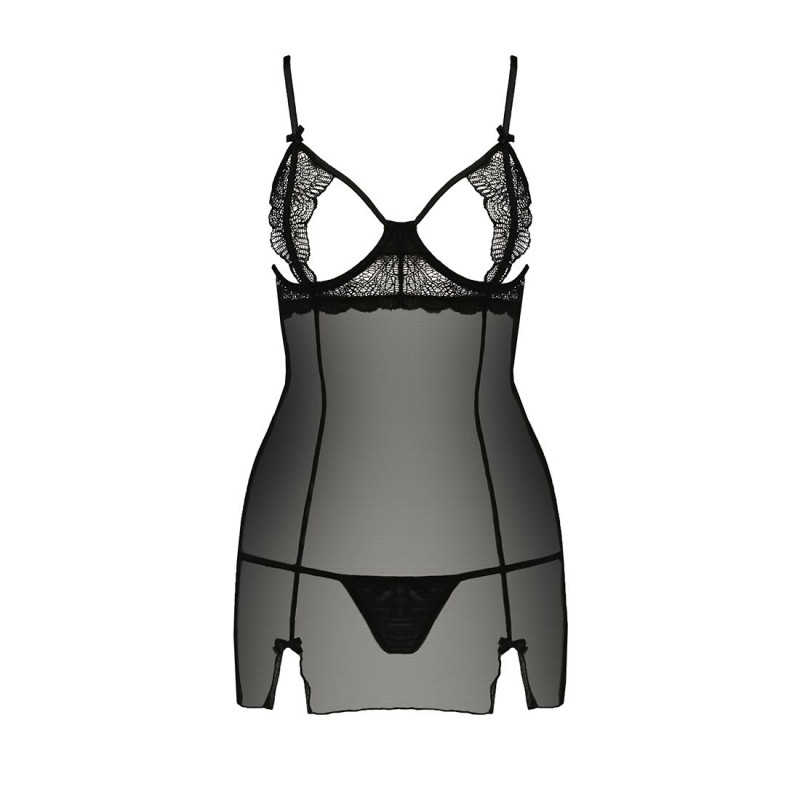 Текстура тканини: детальний вигляд прозорої чорної сорочки Passion QUENTRIS CHEMISE L/XL