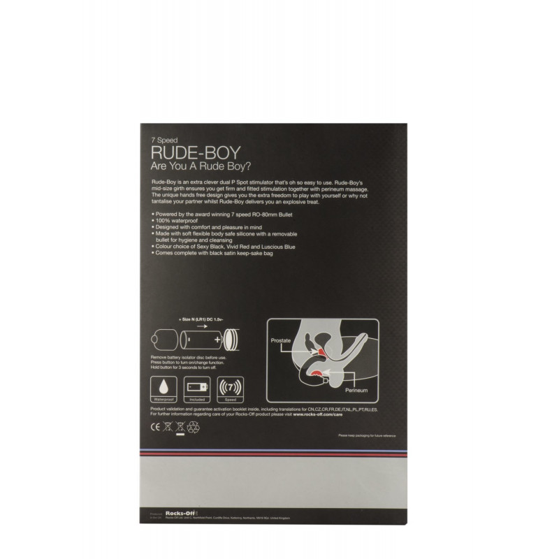 Упаковка вібромасажера простати Rocks Off Rude-Boy Black, брендована коробка