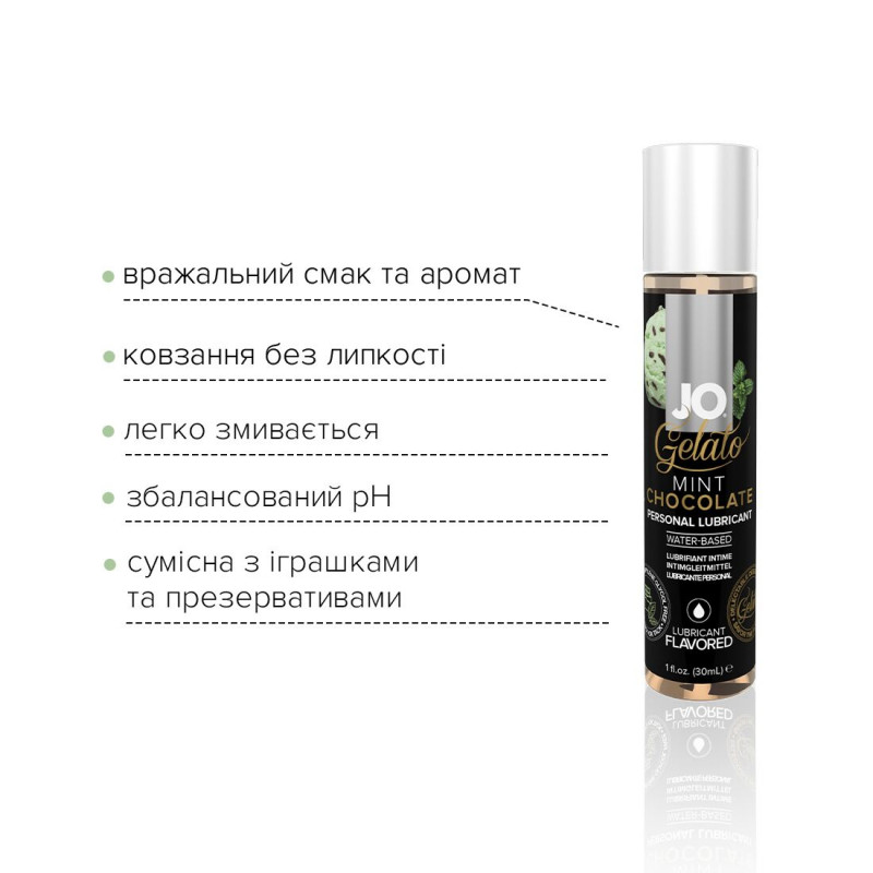 Упаковка лубриканта JO GELATO Mint Chocolate 30 мл, акцент на дизайні та деталях бренду JO