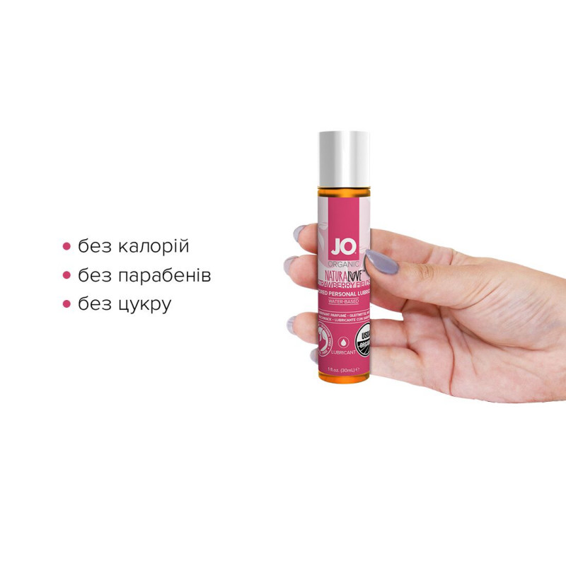 Флакон інтимної змазки JO NATURALOVE Strawberry 30 мл у розгорнутому вигляді, видно деталі дизайну