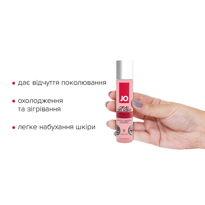 Флакон гелю JO Oral Delight Strawberry Sensation збоку, напис бренду JO