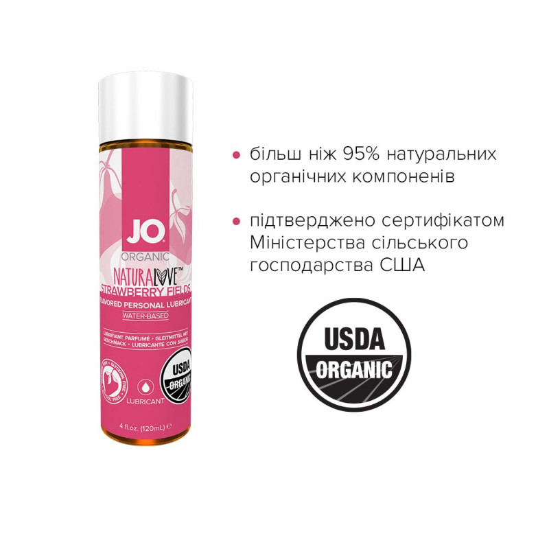 Упаковка лубриканта JO NATURALOVE Strawberry 120 мл: картонна коробка з інформацією про склад