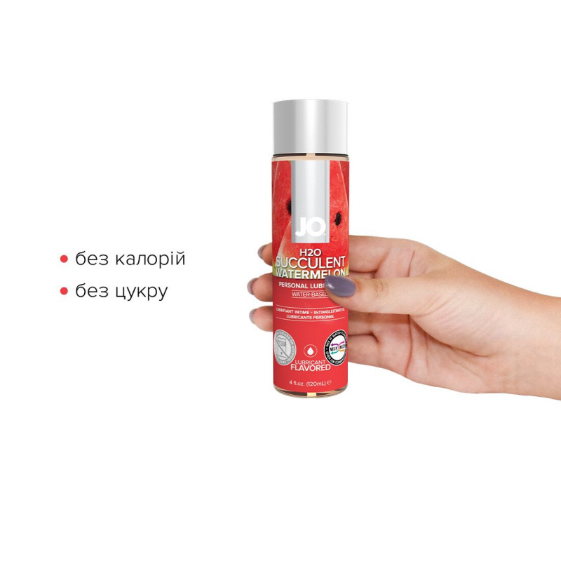 Лубрикант JO H2O Watermelon 120 мл, вигляд збоку, пляшка з дозатором