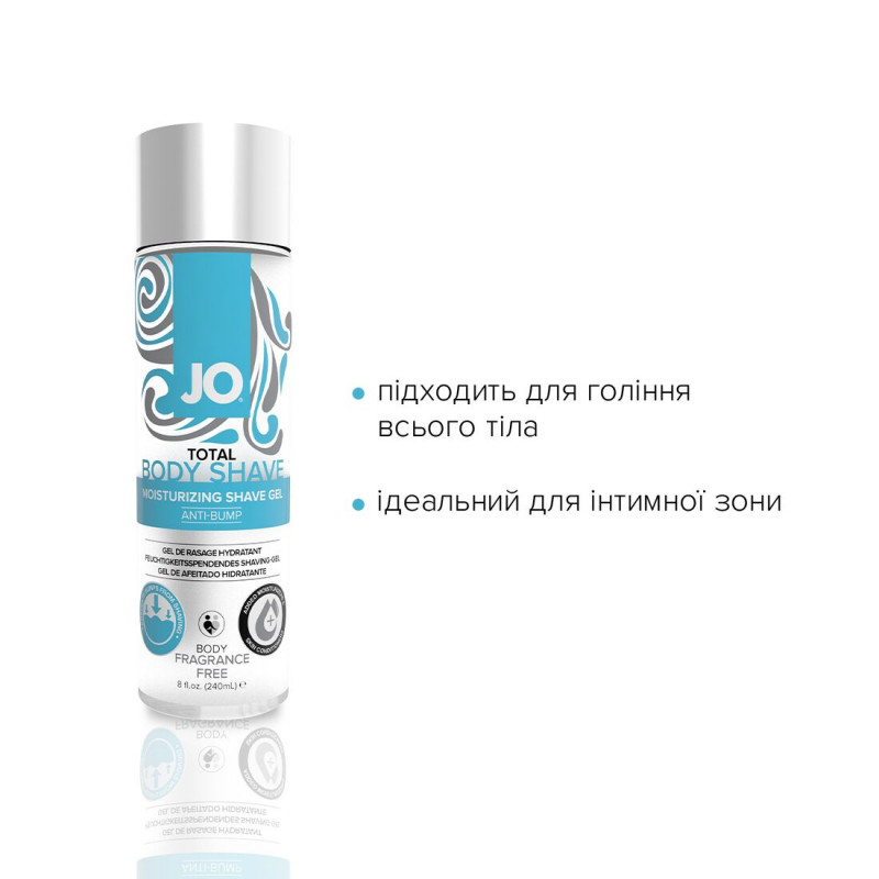 Вигляд збоку на гель для гоління JO TOTAL BODY Anti-bump Intimate Shaving Gel 240 мл