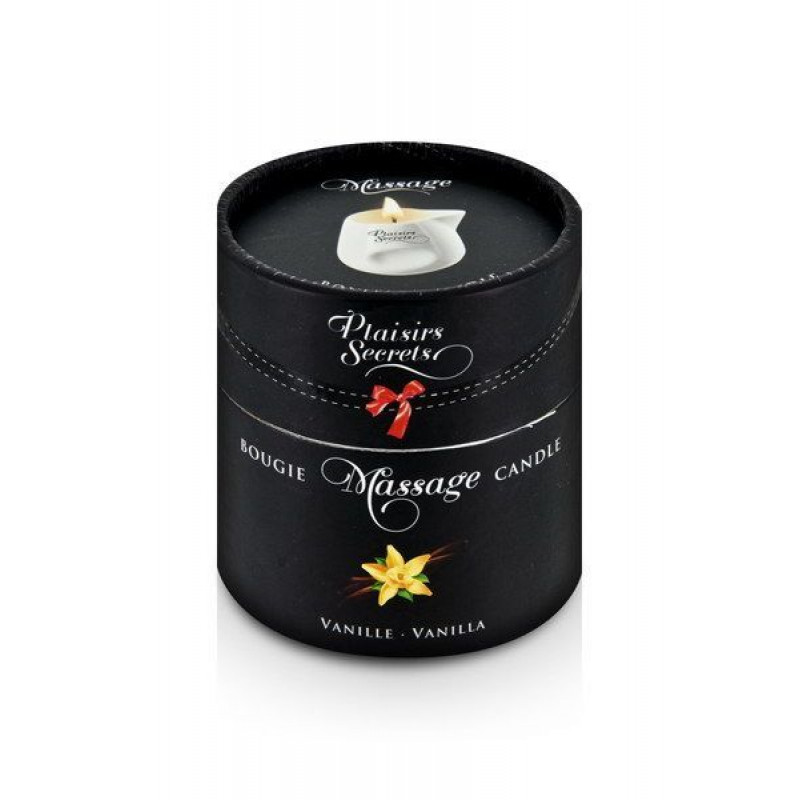 Подарункове паковання масажної свічки Plaisirs Secrets Vanilla 80 мл, вид збоку
