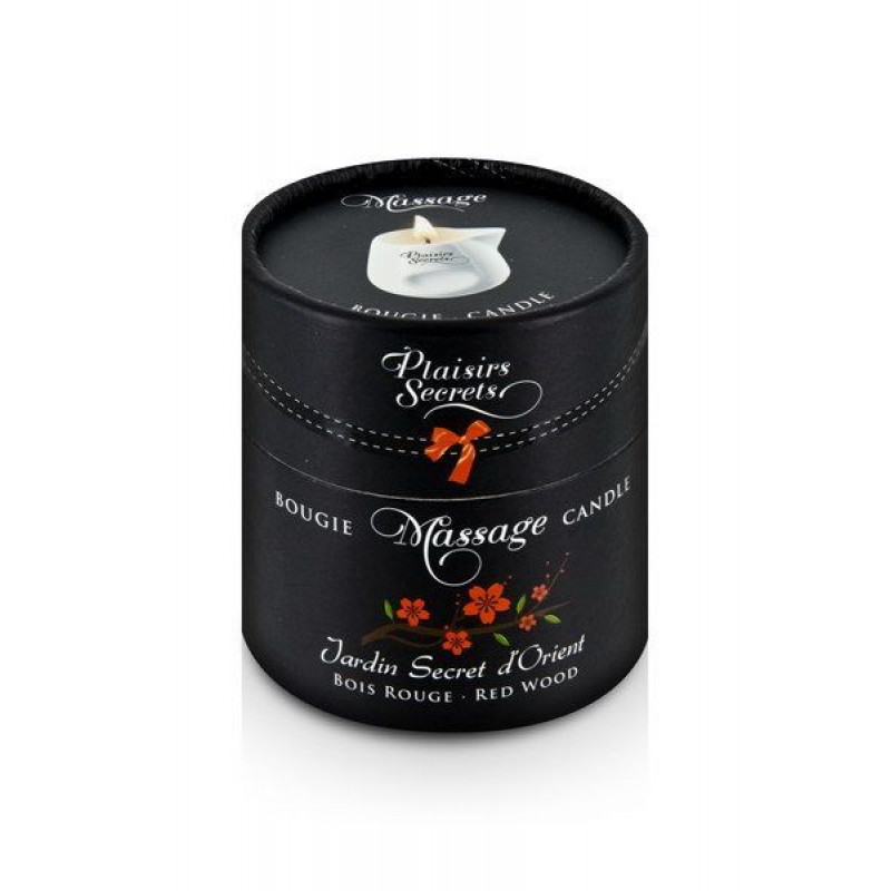 Масажна свічка Plaisirs Secrets Red Wood 80 мл, вид збоку, демонстрація розплавленої олії
