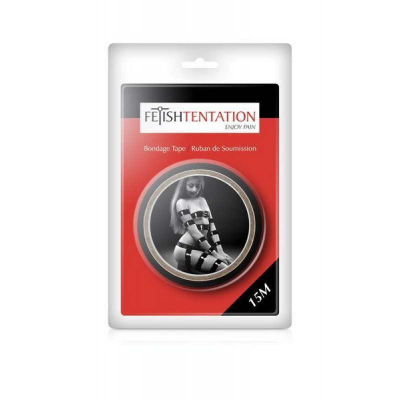 Скотч для бондажу Fetish Tentation Black 15м: в упаковці, демонструє бренд та розмір