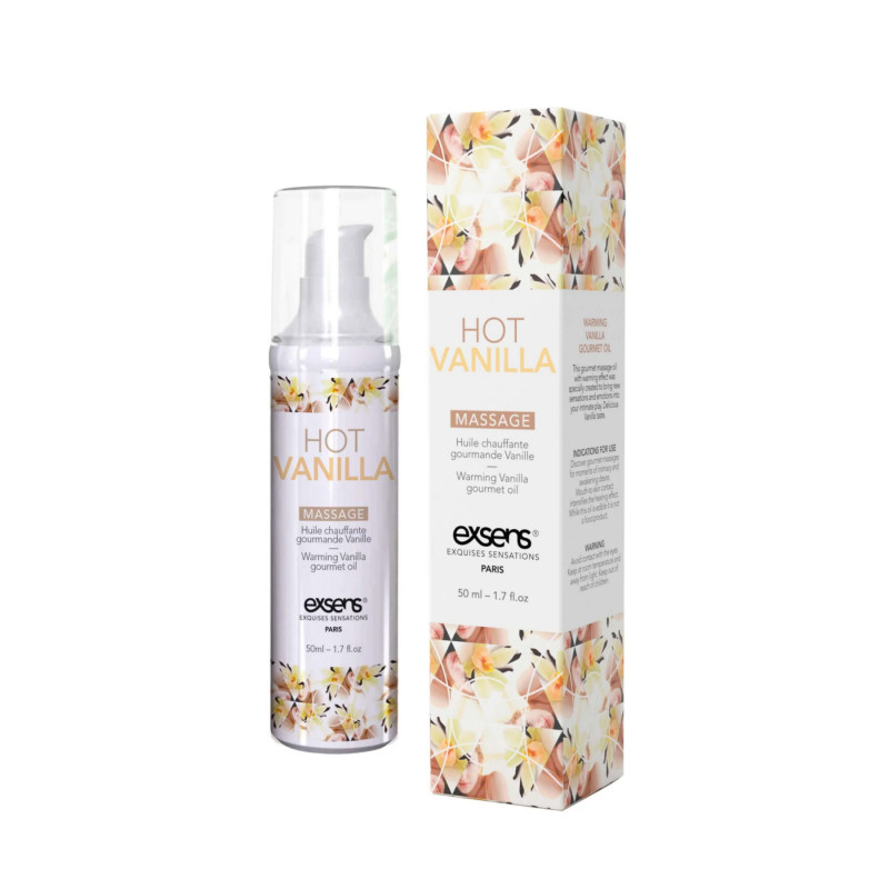 Вигляд збоку упаковки масажної олії Exsens Hot Vanilla 50 мл