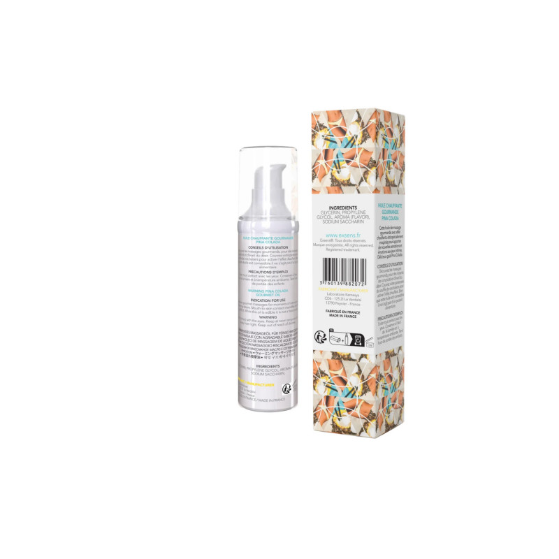 Вигляд збоку флакона масажної олії Exsens Pina Colada 50мл – зручна форма