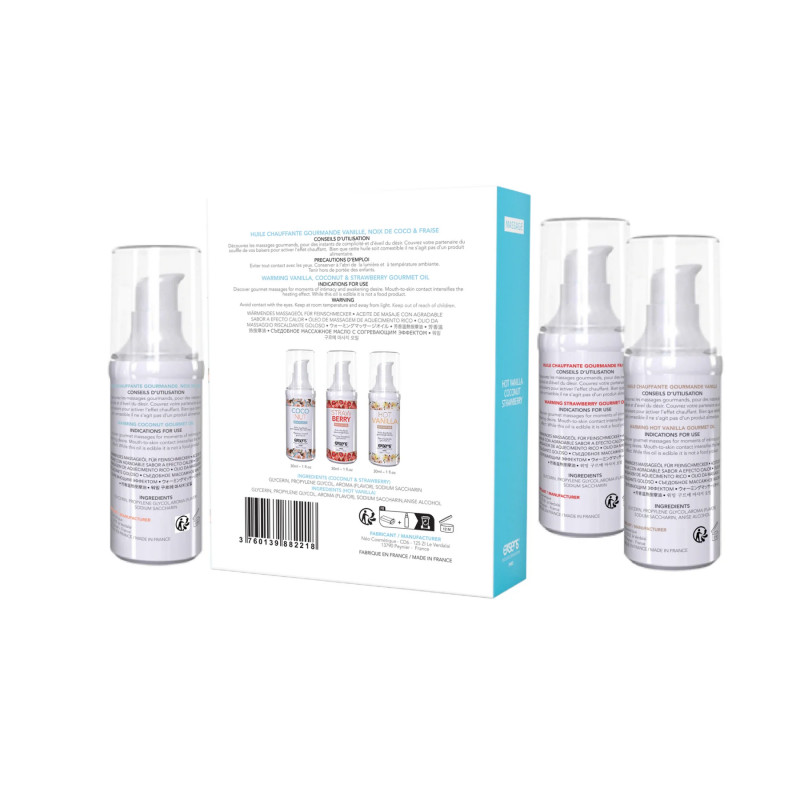 Масажна олія Exsens з ароматом кокоса - детальний вигляд флакона з текстурою