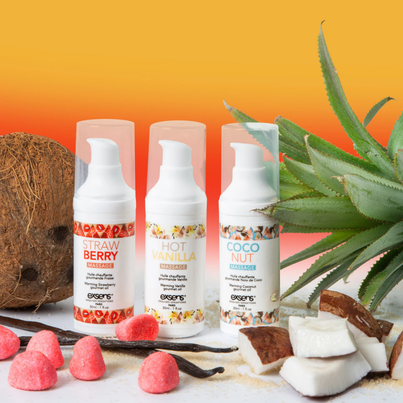 Масажна олія Exsens з ароматом полуниці - демонстрація текстури та упаковки