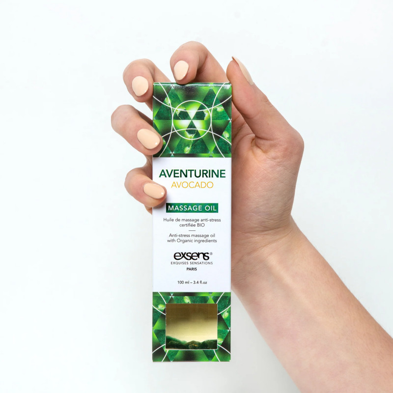 Упаковка масажної олії Exsens Aventurine Avocado (антистрес) 100мл – щільна картонна коробка з вишуканим оздобленням, що зберігає якість продукту.