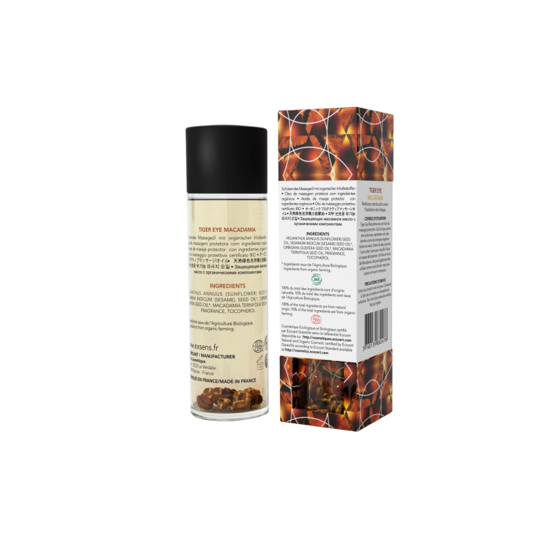 Вигляд збоку пляшечки масажної олії Exsens Tiger Eye Macadamia, що демонструє її елегантний дизайн