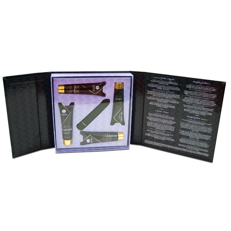 Вигляд збоку на усі елементи подарункового набору Shunga NAUGHTY GEISHA, що показує об'єм та різноманіття.