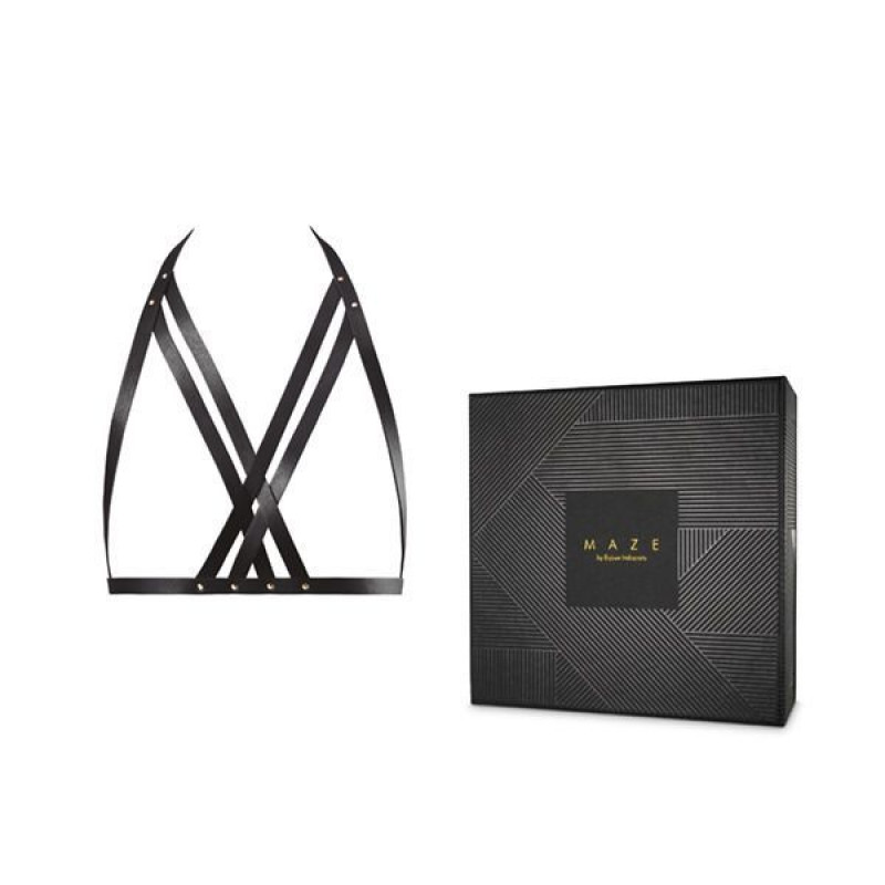 Портупея Bijoux Indiscrets MAZE Halter Bra Harness Black - вид збоку, ремінці та фурнітура