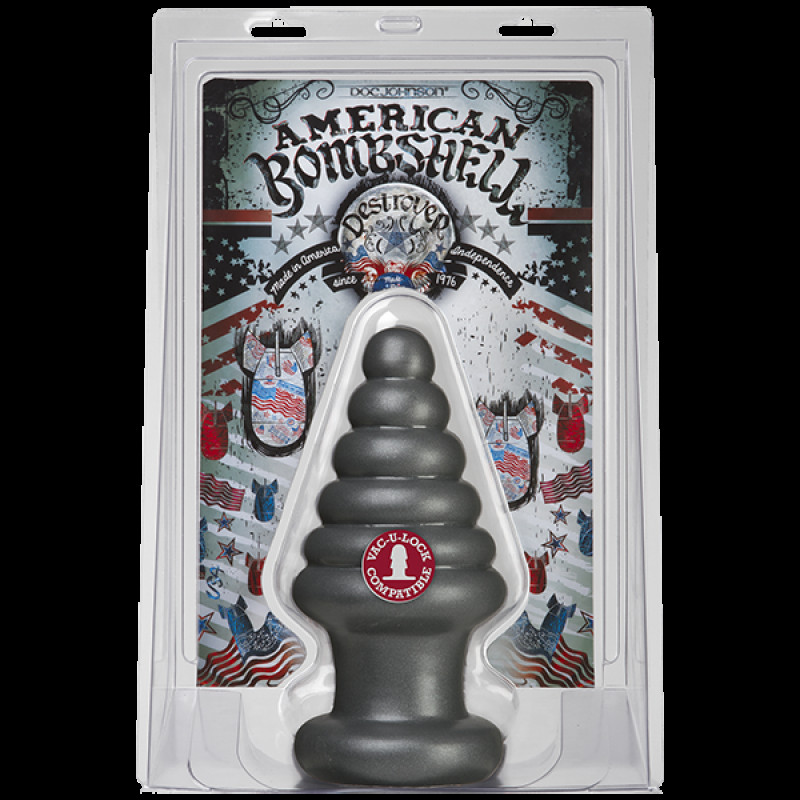 Анальна пробка Doc Johnson American Bombshell Destroyer Gun Metal: вид збоку, деталі дизайну, упаковка